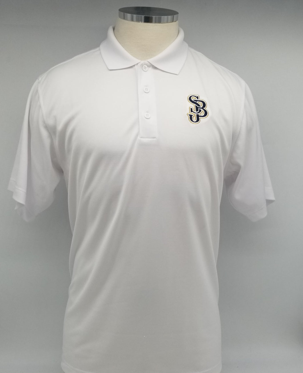 WHITE PERFORMANCE POLO SHIRT: SHORT SLEEVE WITH SJB LOGO